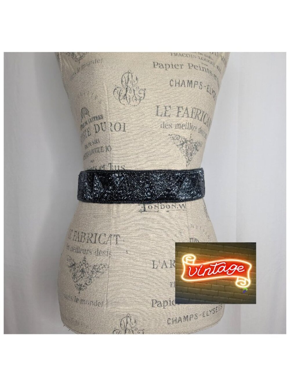 Vintage 90s Gray Beaded Belt Small Black Hook Loop